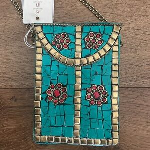 NWT Antik Kraft Green/Turquoise Mosaic Crossbody Bag Iron/Clay Bag from India